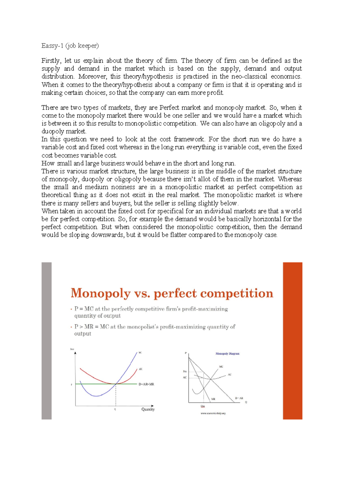 Eassy-1 - monopoly vs perfect competition - Eassy-1 (job keeper ...