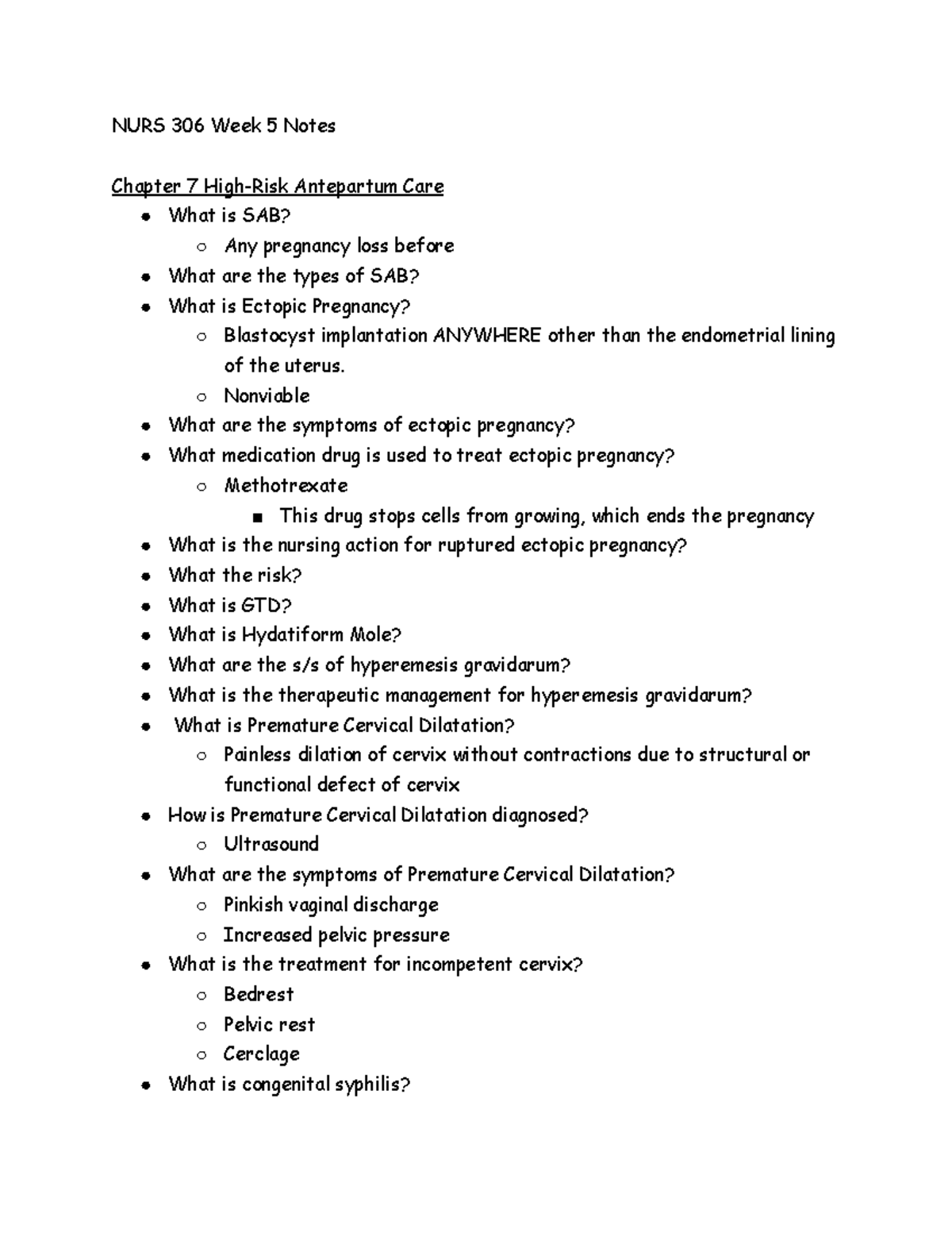 Week 5 OB Notes for OB NURS 306 Week 5 Notes Chapter 7 HighRisk