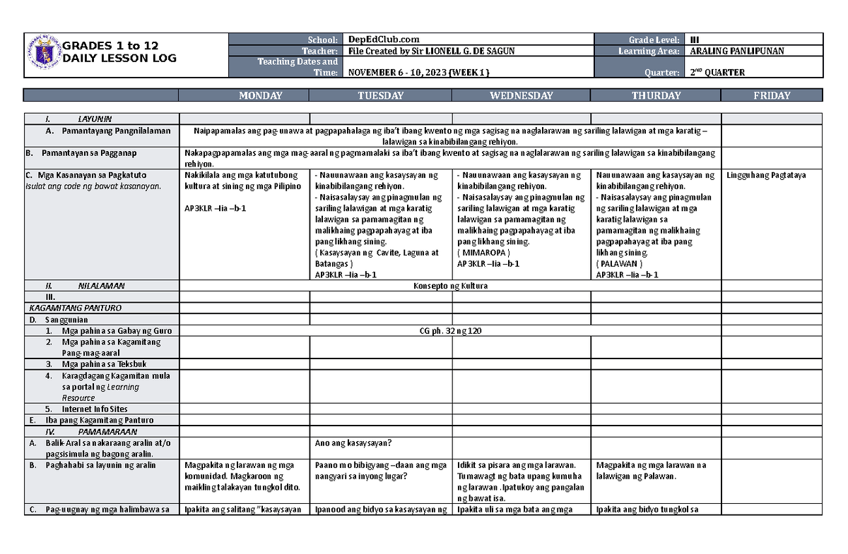 DLL Araling Panlipunan 3 Q2 W1 - GRADES 1 to 12 DAILY LESSON LOG School ...