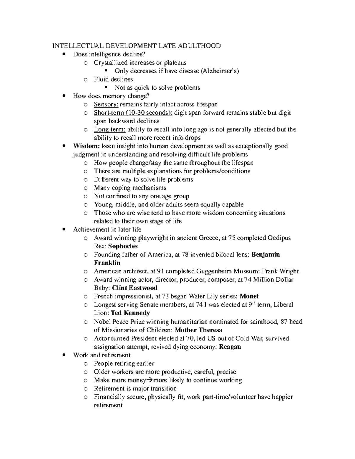Late Adulthood - Summary Lifespan Developmental - Psych Lifespan ...