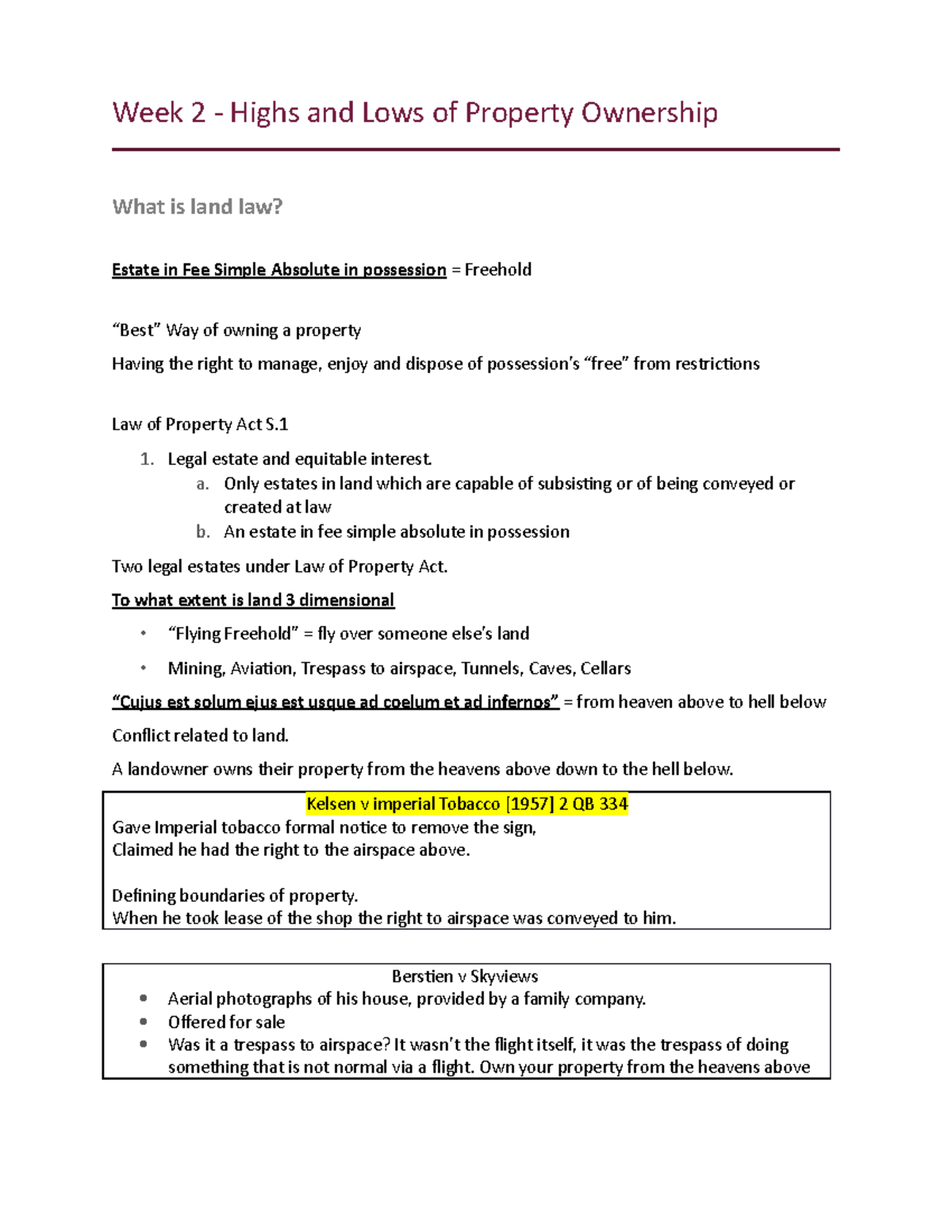 Week 2 Fixtures and Chattels Week 2 Highs and Lows of Property