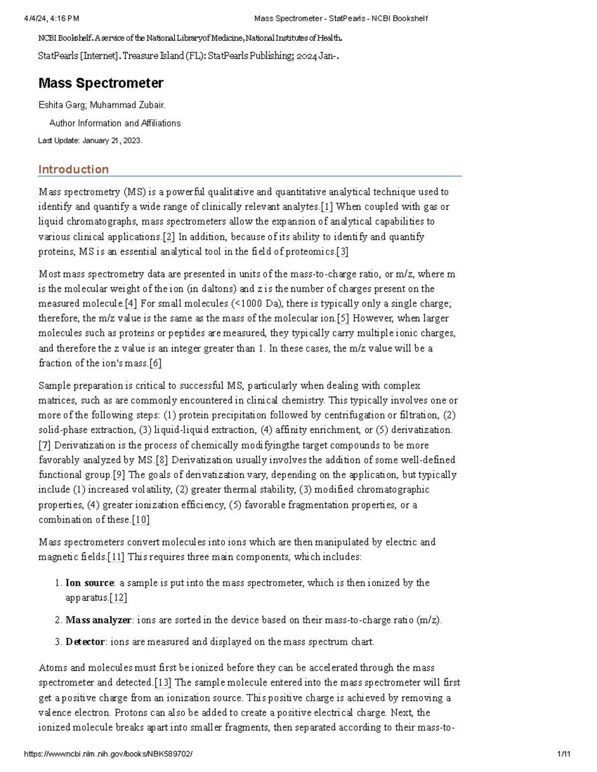 Mass Spectrometer - Stat Pearls - NCBI Bookshelf - NCBI Bookshelf. A ...