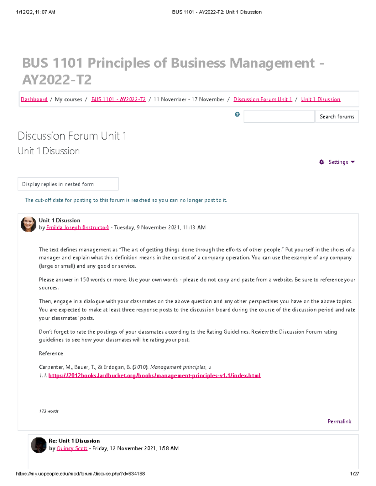 Group Discussion 1 - BUS 1101 Principles of Business Management ...