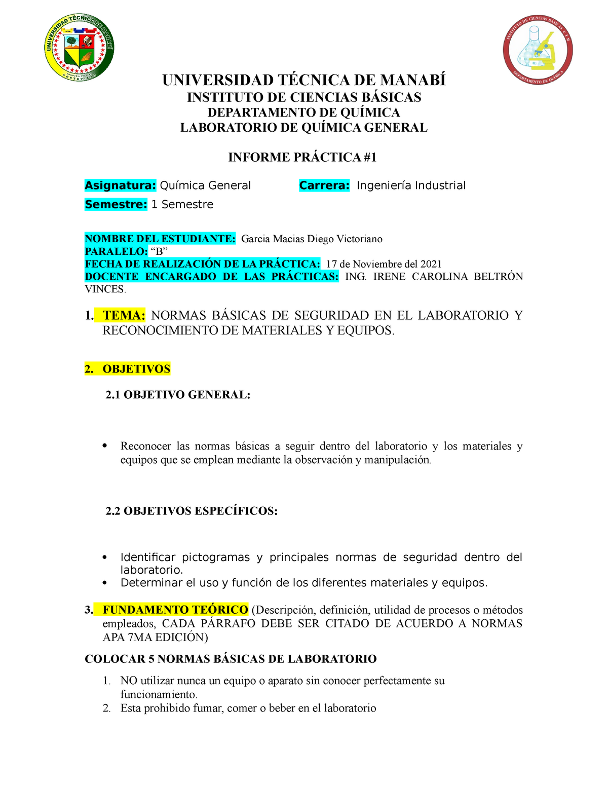 Formato Informe Práctica #1 de laboratorio de quimica - UNIVERSIDAD TÉCNICA  DE MANABÍ INSTITUTO DE - Studocu