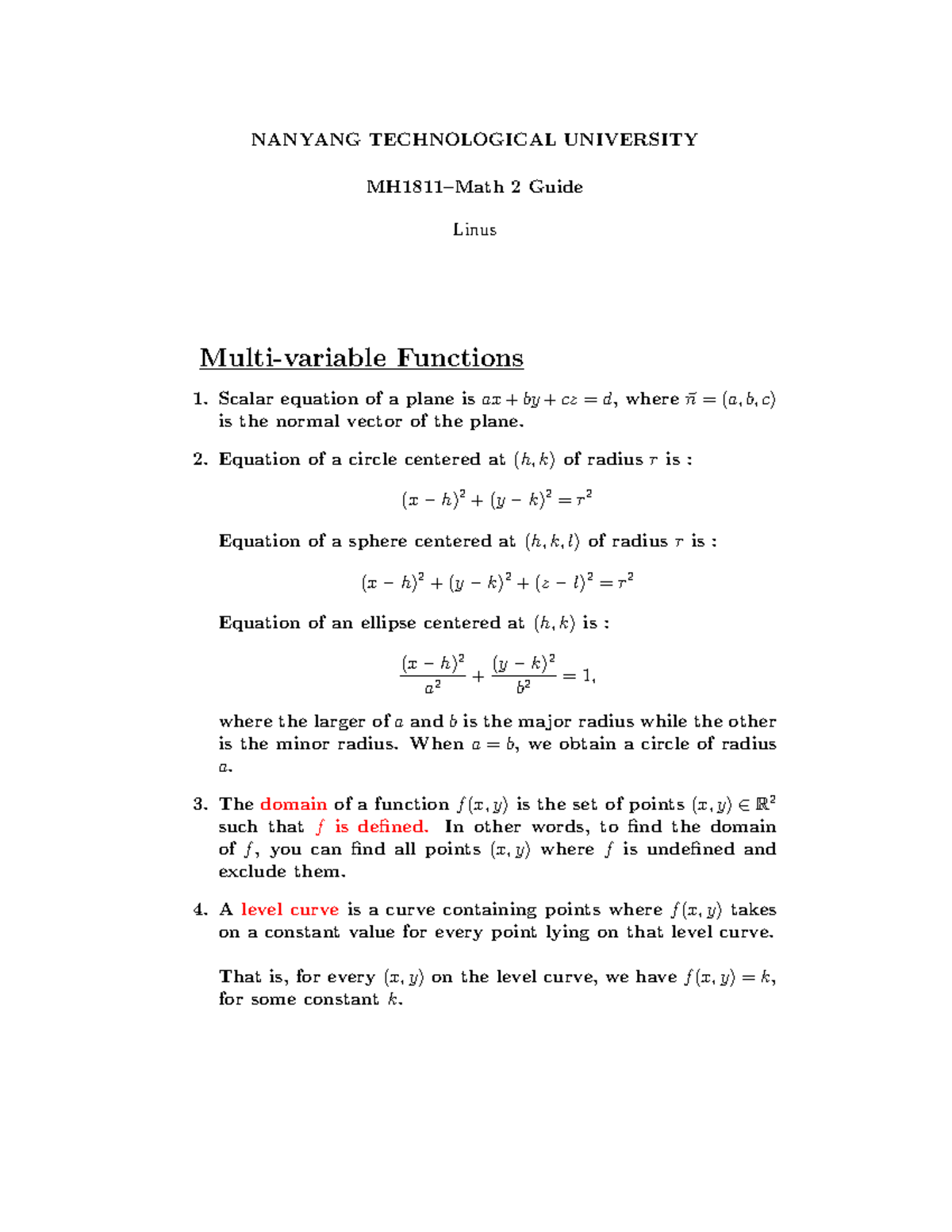 MH1811 Math 2 Guide Tut1-12 - MH1811–Math 2 Guide Linus Multi-variable ...