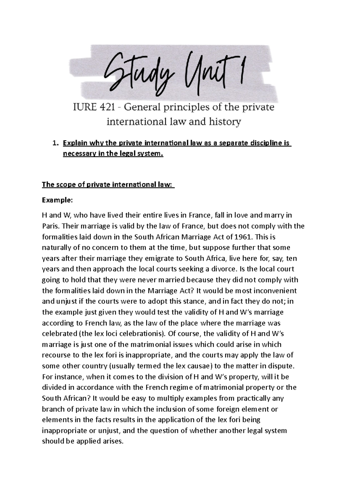 SU1 - Notes - Explain why the private international law as a separate ...