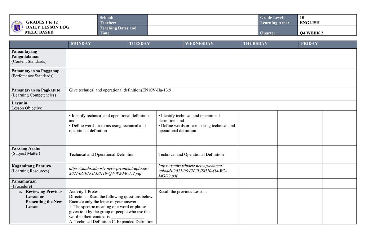 MELC DLL ENG 10 WEEK 2 Q4 DONE - GRADES 1 to 12 DAILY LESSON LOG MELC ...