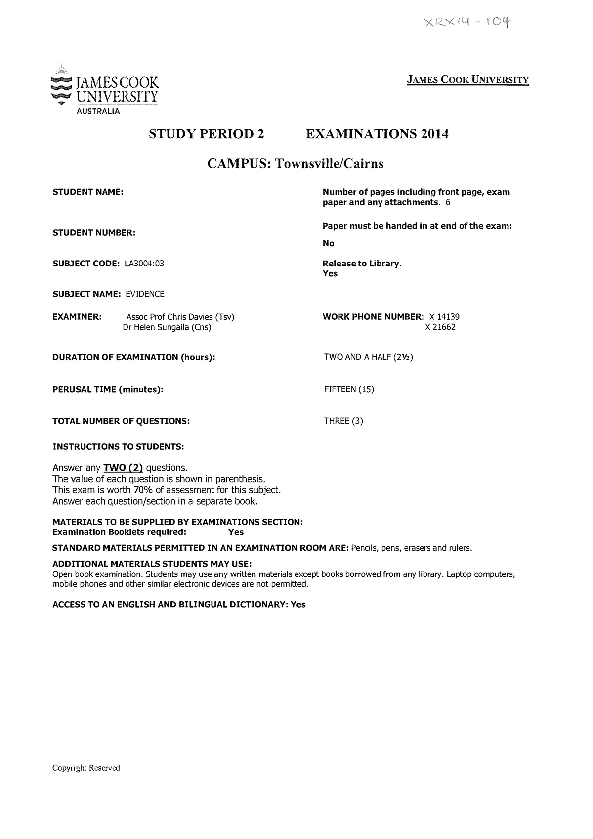 Exam 2014, questions - :::::: TAl\1ES COOK UNIVERSITY AUSTRALIA STUDY Sns-Brigh10