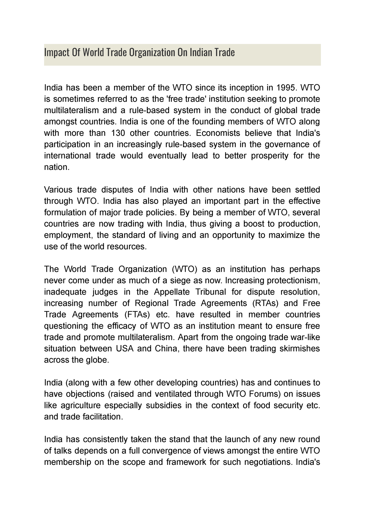 essay on wto and india