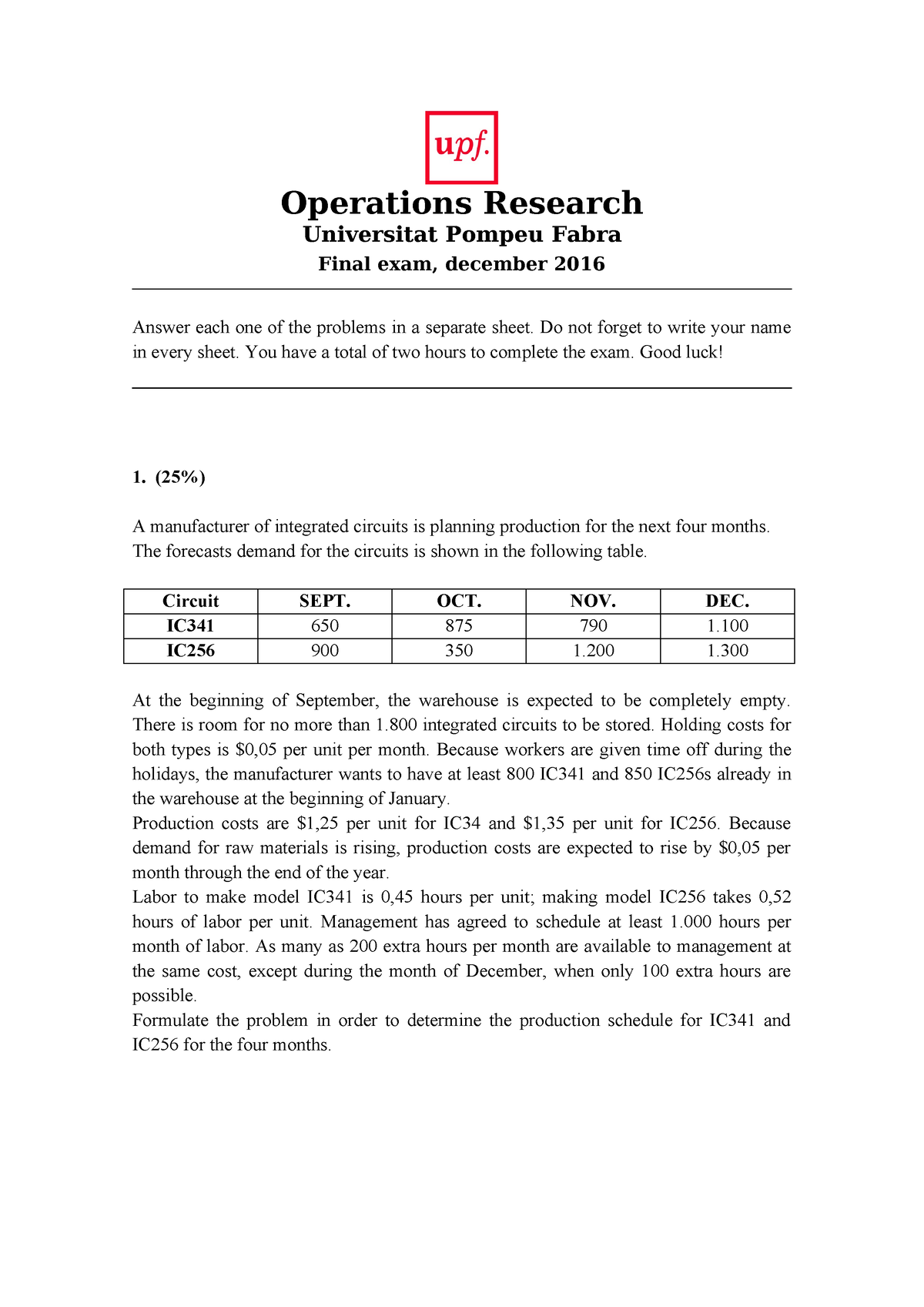 final exam operations research