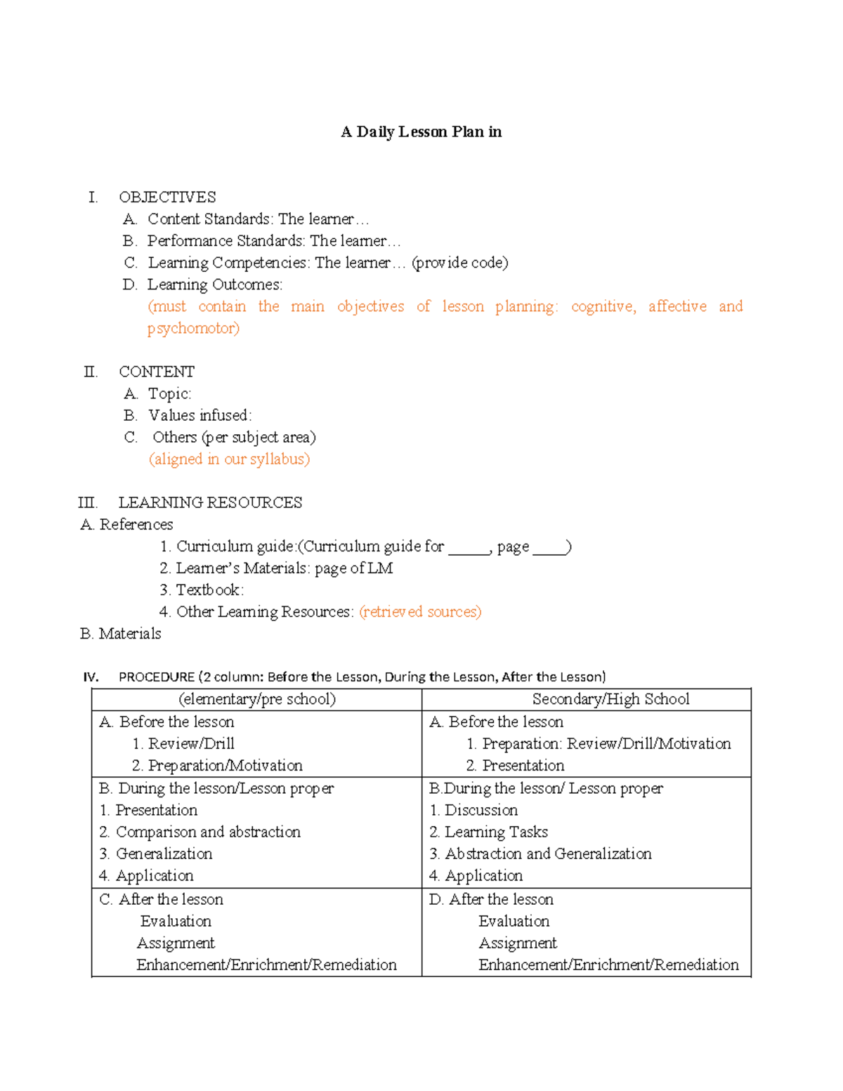 Lesson-PLAN- Format - Lesson Planning Lecture - A Daily Lesson Plan in ...