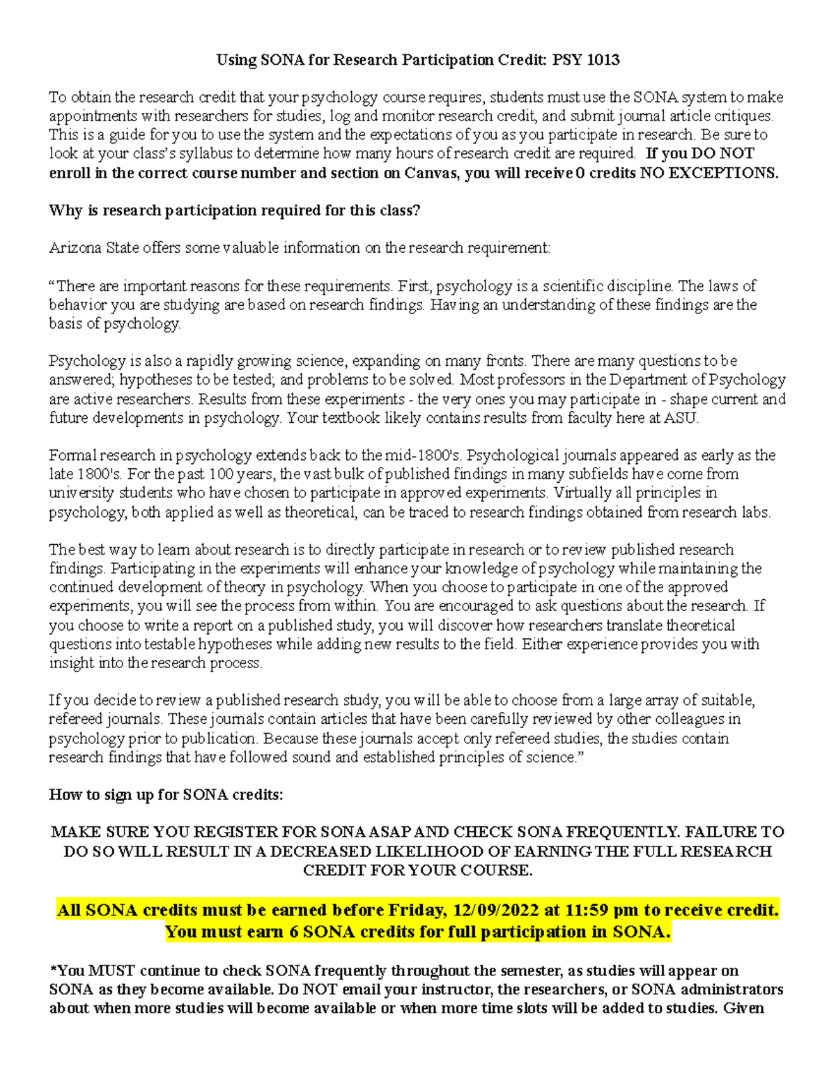 SONA Instructions FA2022 PSY1013 Using SONA for Research Participation Credit PSY 1013 To