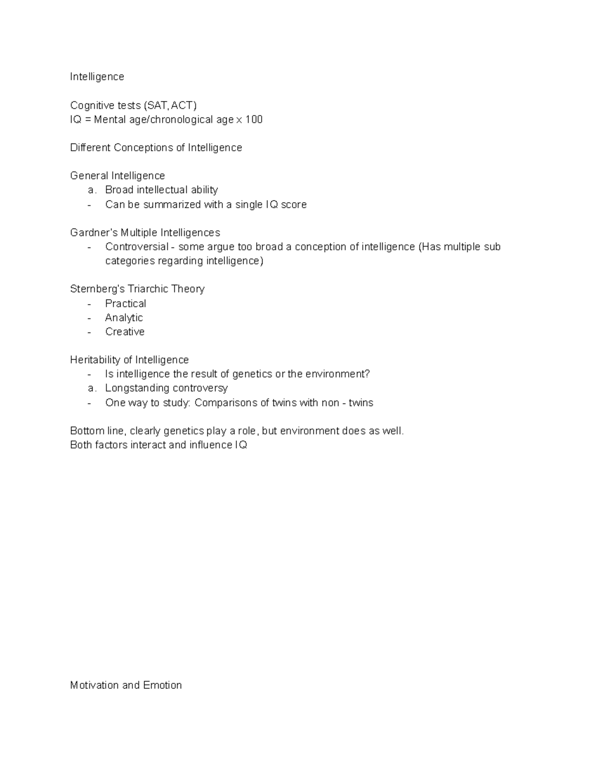 Chapter 8 and Chapter 9 - Intelligence Cognitive tests (SAT, ACT) IQ ...