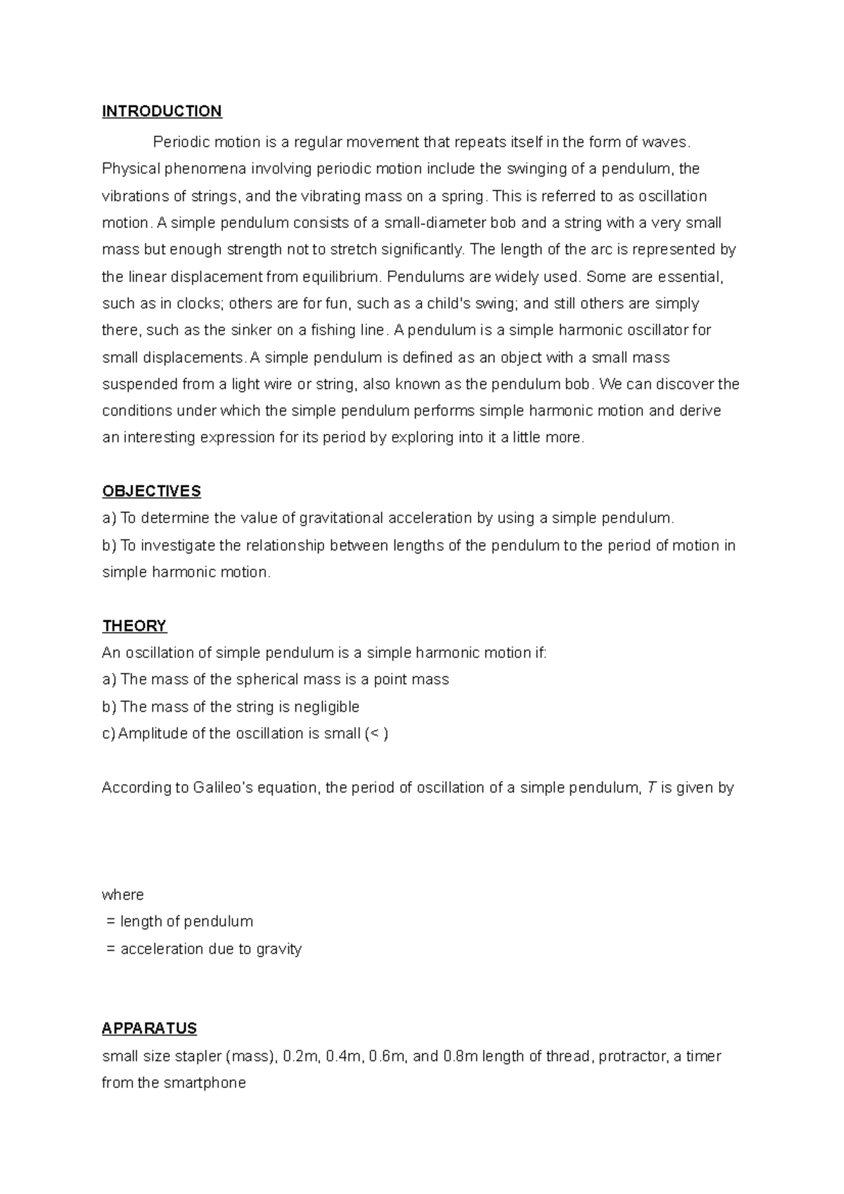 Intro lab phy 2 - INTRODUCTION Periodic motion is a regular movement ...