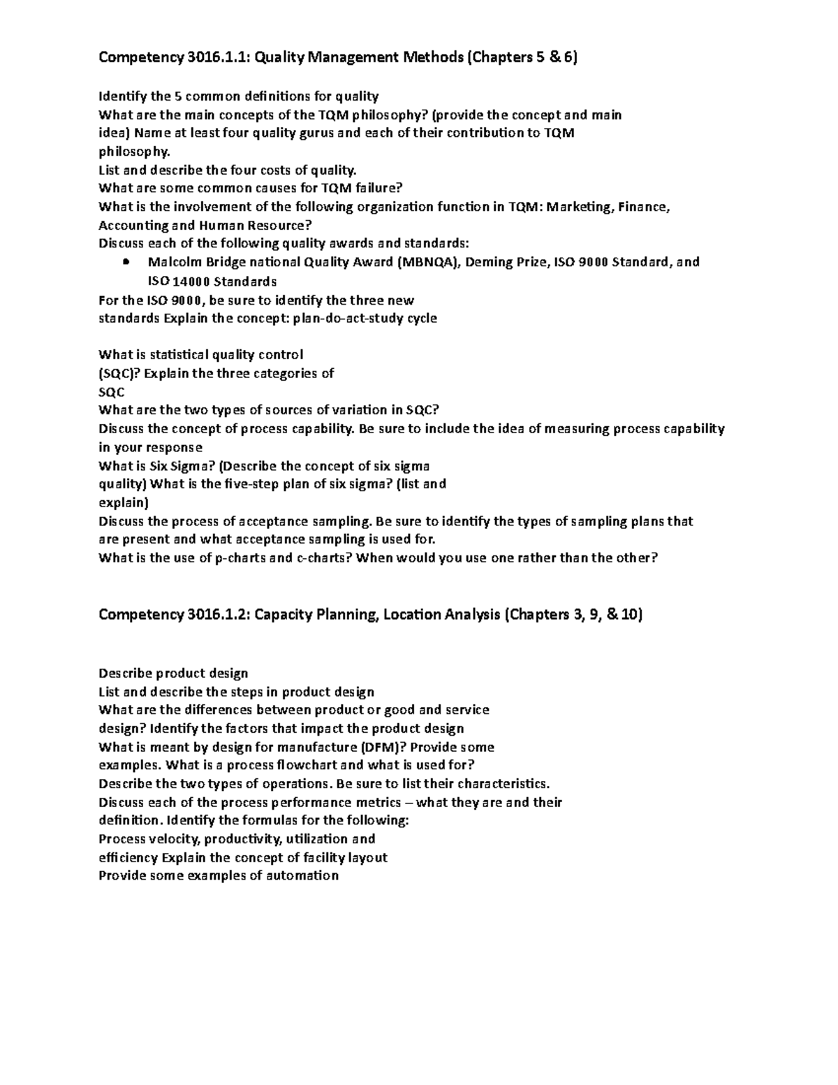 Study guide 1 - Competency 3016.1: Quality Management Methods (Chapters ...