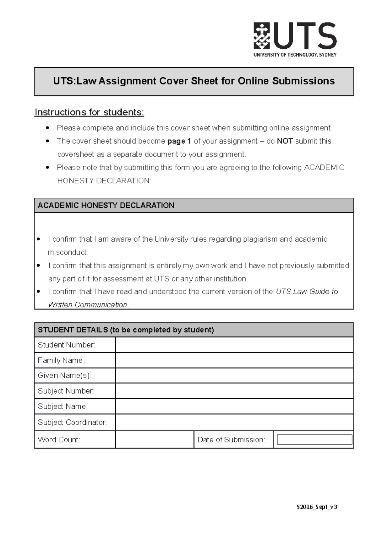 Cover sheet - Evidence Law - UTS:Law Assignment Cover Sheet for Online ...