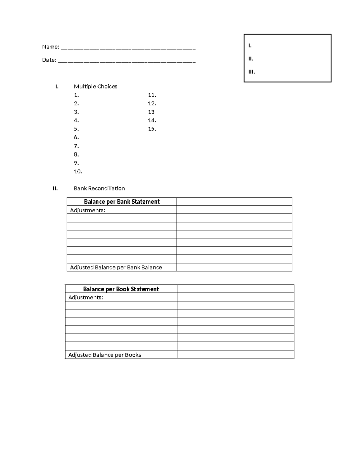 Answer Sheet Accounting Assessment (1) - Name