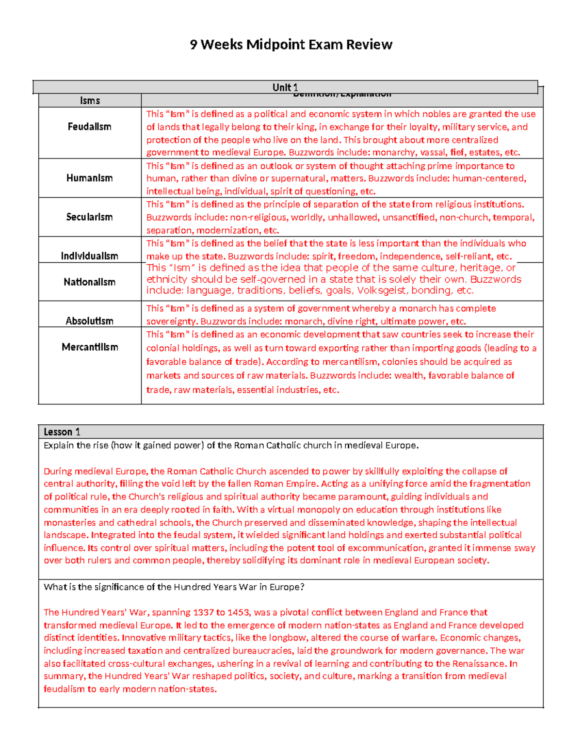 WH Midpoint Exam Review (Unit 1 Completed) - 9 Weeks Midpoint Exam ...