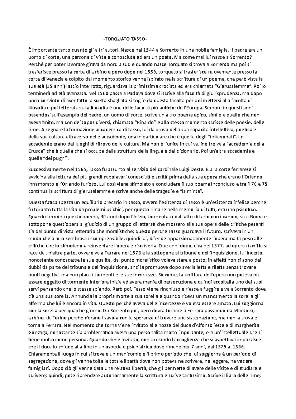 (3) Tasso TORQUATO TASSO È importante tanto quanto gli altri autori