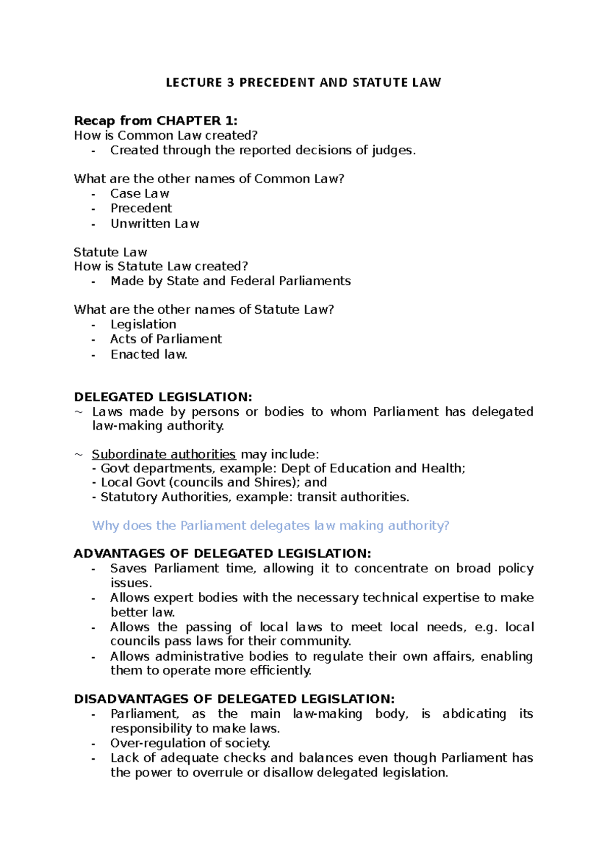 Lecture 3 Precedent And Statute Law - Lecture 3 Precedent And Statute 