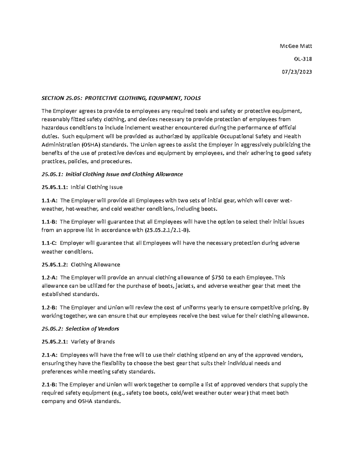 42 asdf McGee Matt OL 07/23/ SECTION 25 PROTECTIVE CLOTHING, EQUIPMENT, TOOLS The