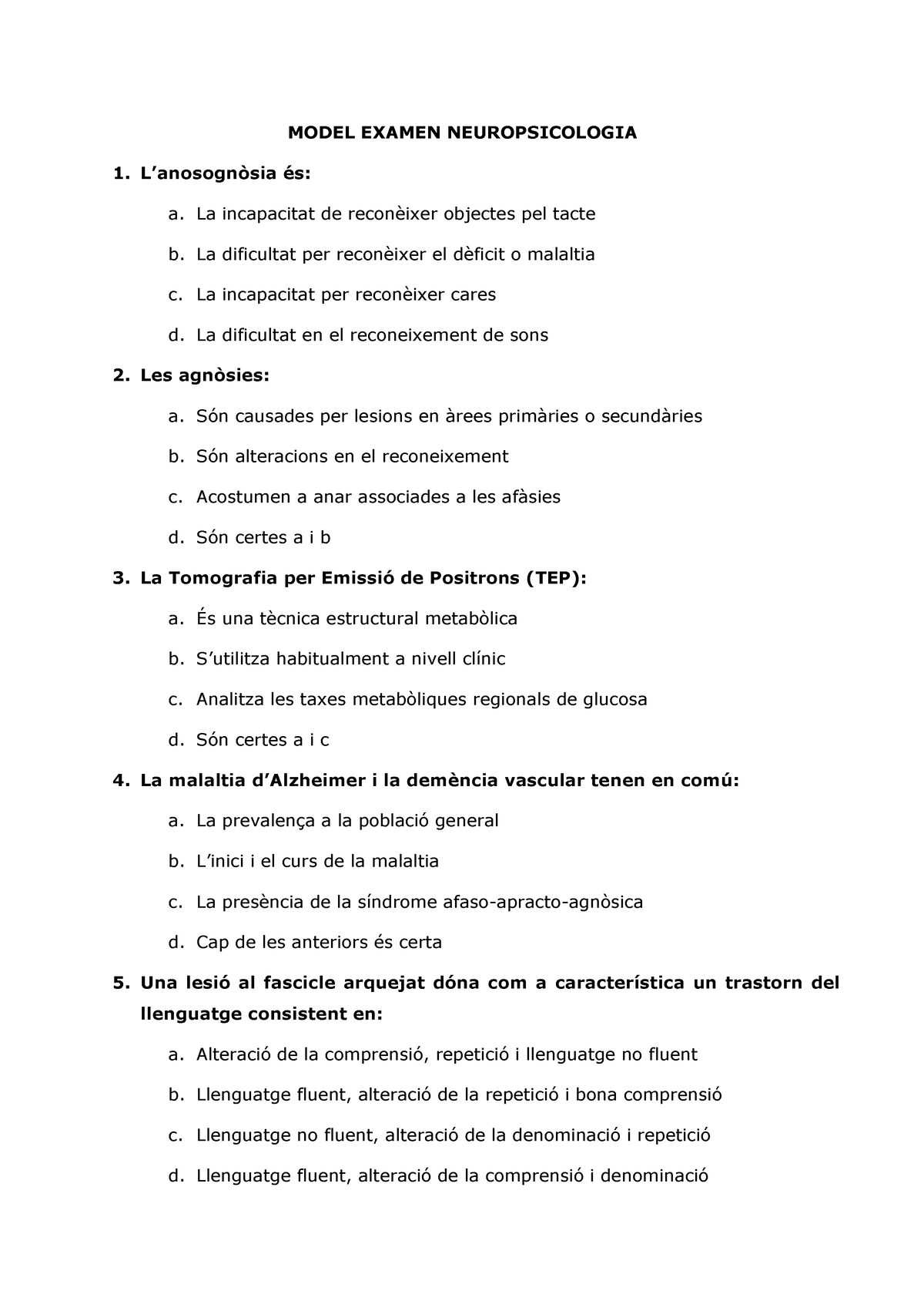 Examen Complert Neuro - MODEL EXAMEN NEUROPSICOLOGIA 1. L’anosognòsia ...