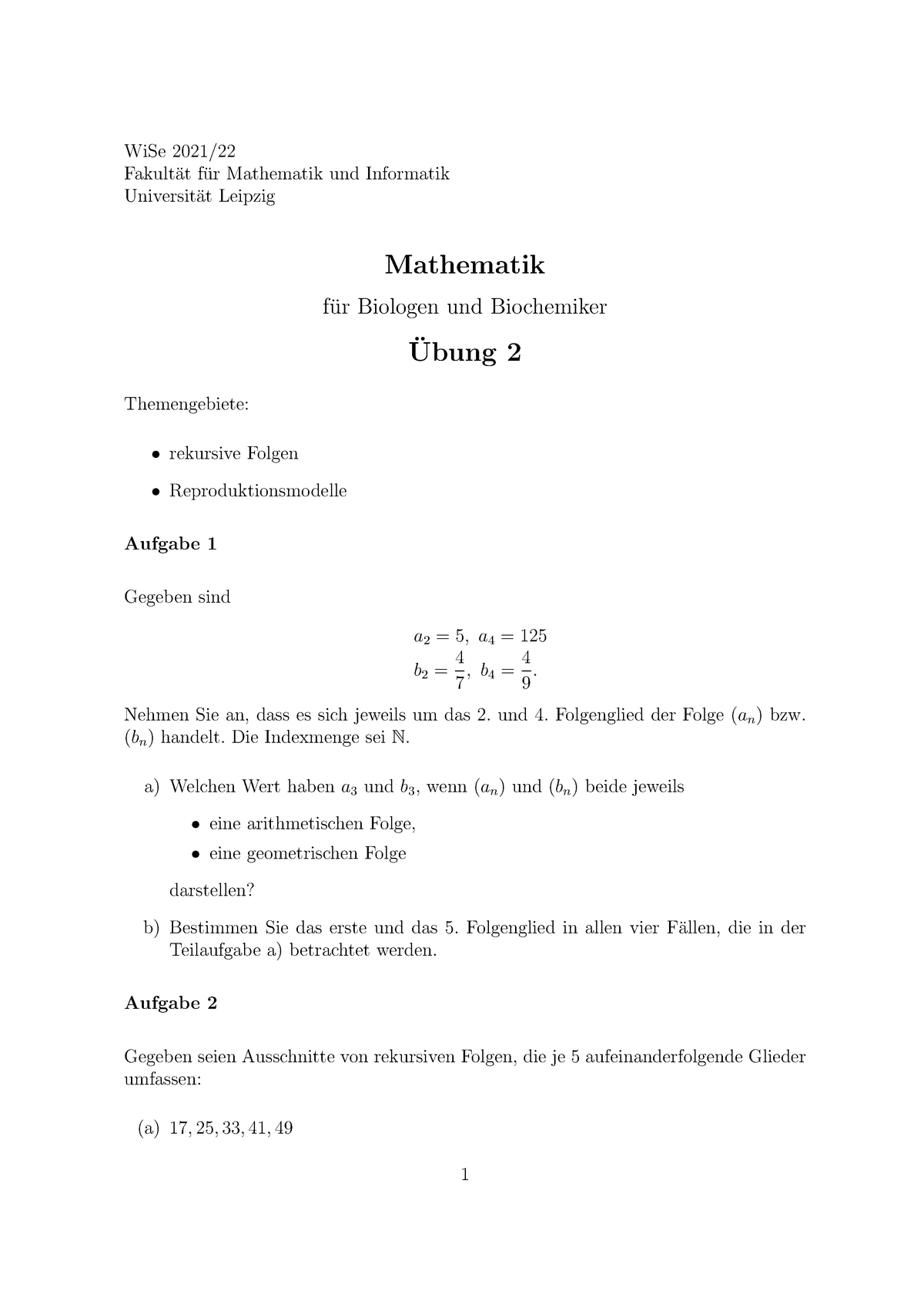 Mathe Für Biologen_Übung 2 - WiSe 2021/ Fakult ̈at F ̈ur Mathematik Und ...