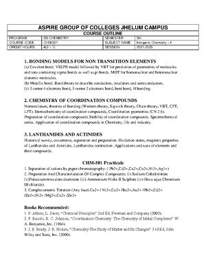 BS Chemistry-IV - COURSE OUTLINE SPRING 2023 PROGRAM BS CHEMISTRY ...