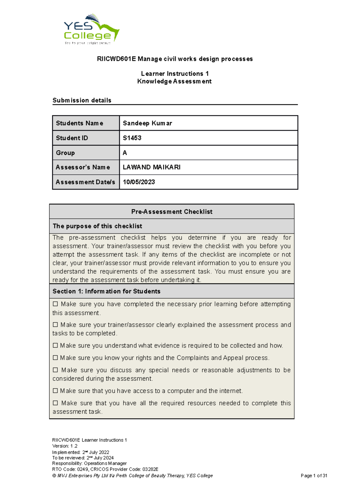 4. Riicwd 601EÂ Assessment 1 Learner - Learner Instructions 1 Knowledge ...