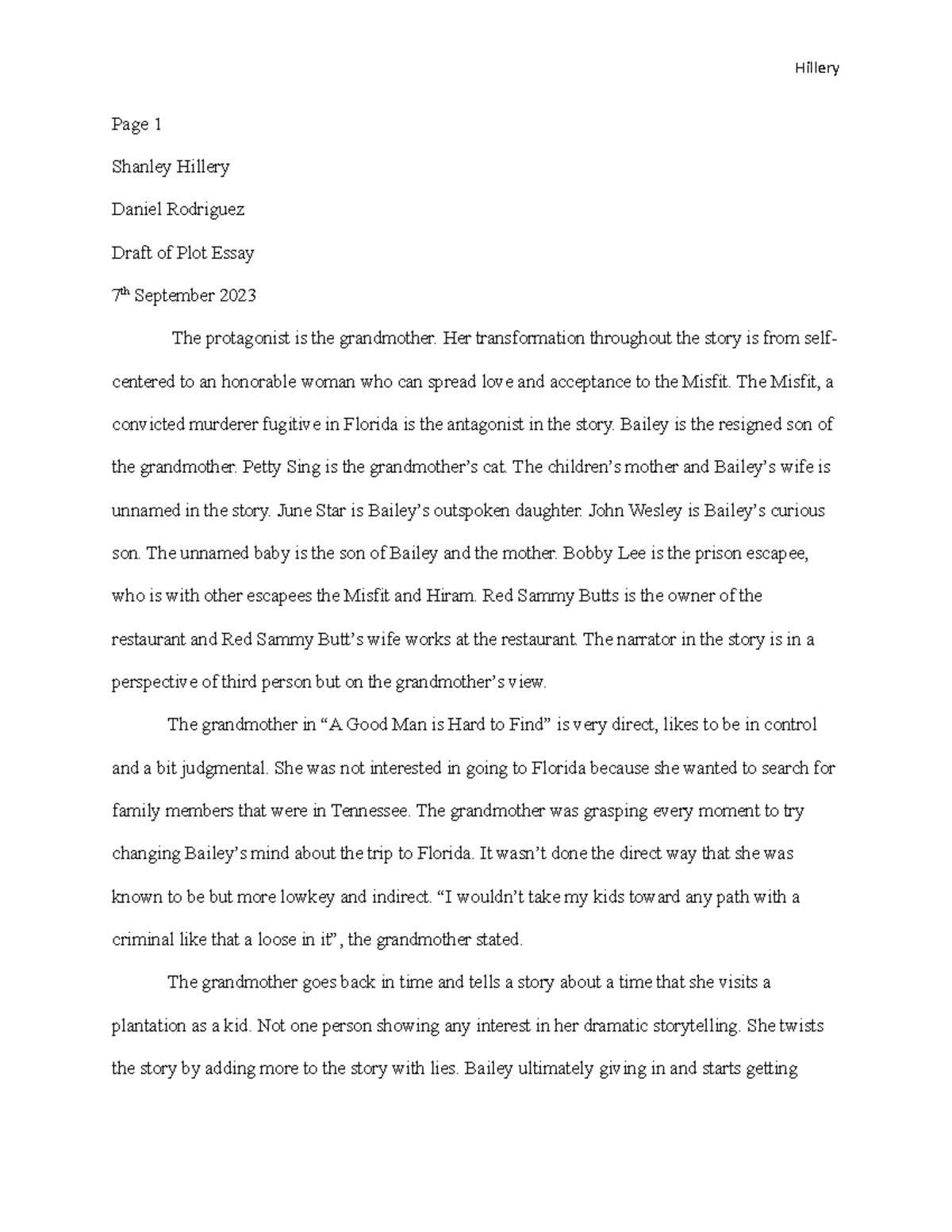 Draft of Plot Essay - Hillery Page 1 Shanley Hillery Daniel Rodriguez ...