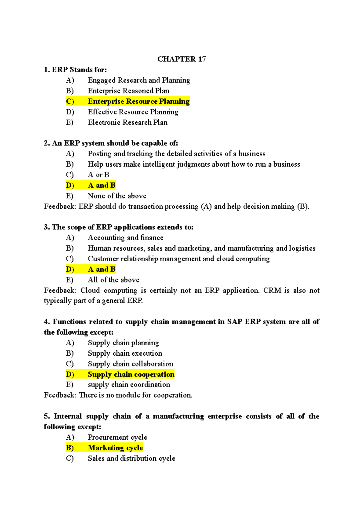 TRẮC NGHIỆM ERP - CHAPTER 17 ERP Stands for: A) Engaged Research and ...