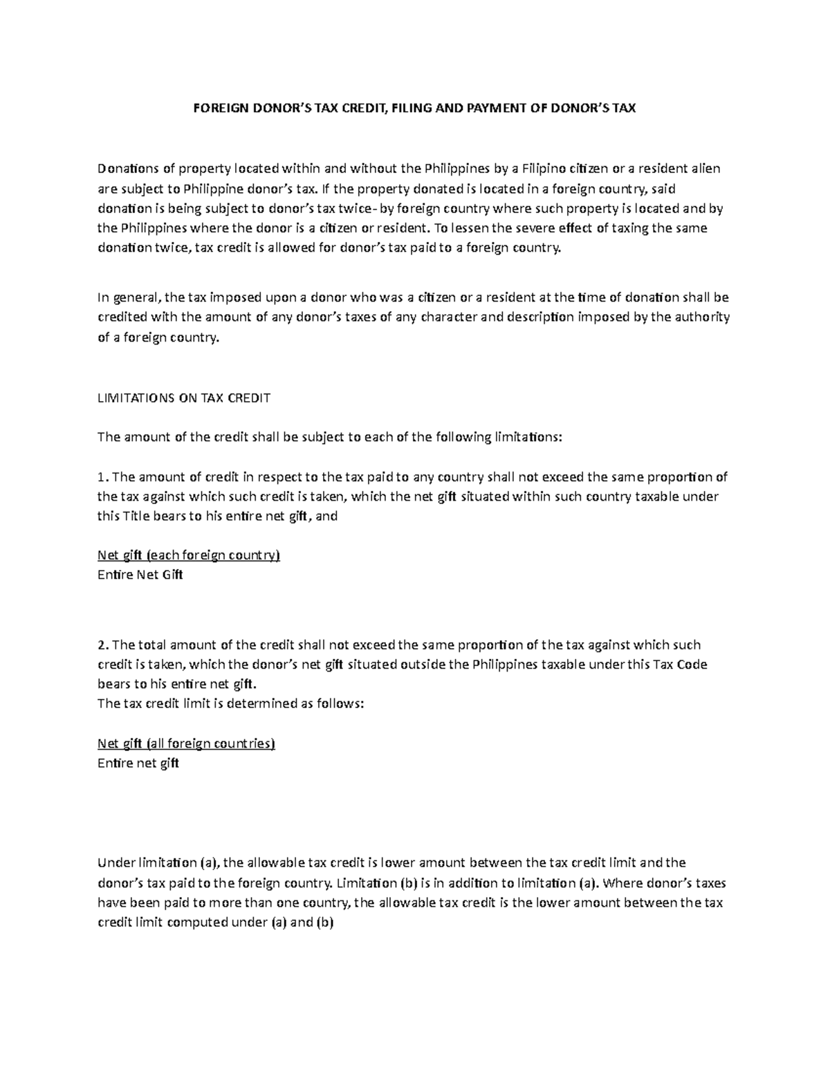 Chapter 15 Foreign Donor’s Tax Credit, Filing and Payment of Donor’s