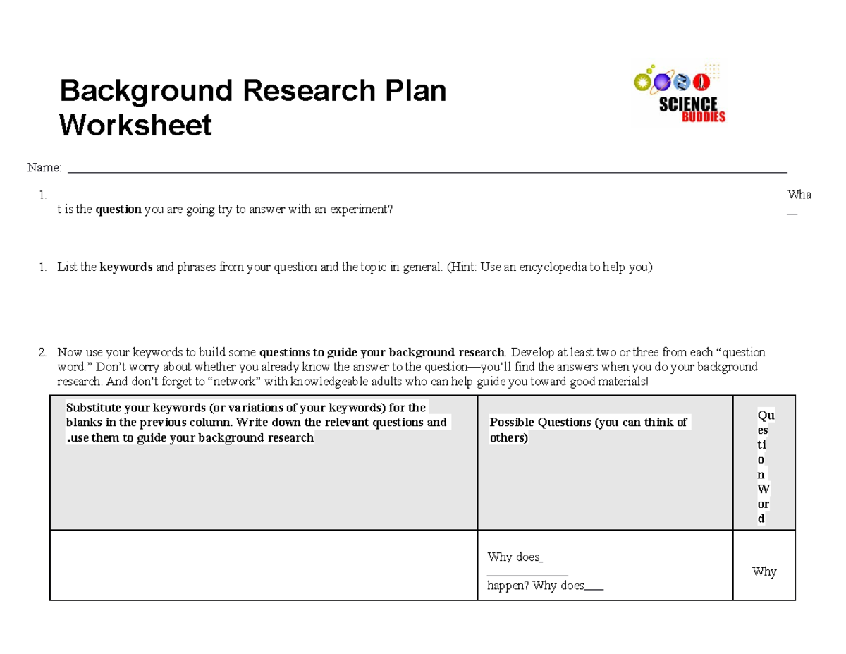 background research plan worksheet for an engineering design project