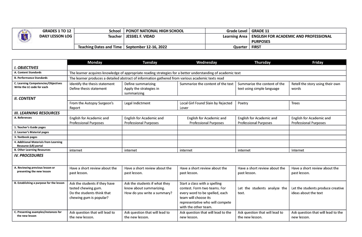 4th week - A semi detailed lesson plan in English - GRADES 1 TO 12 ...