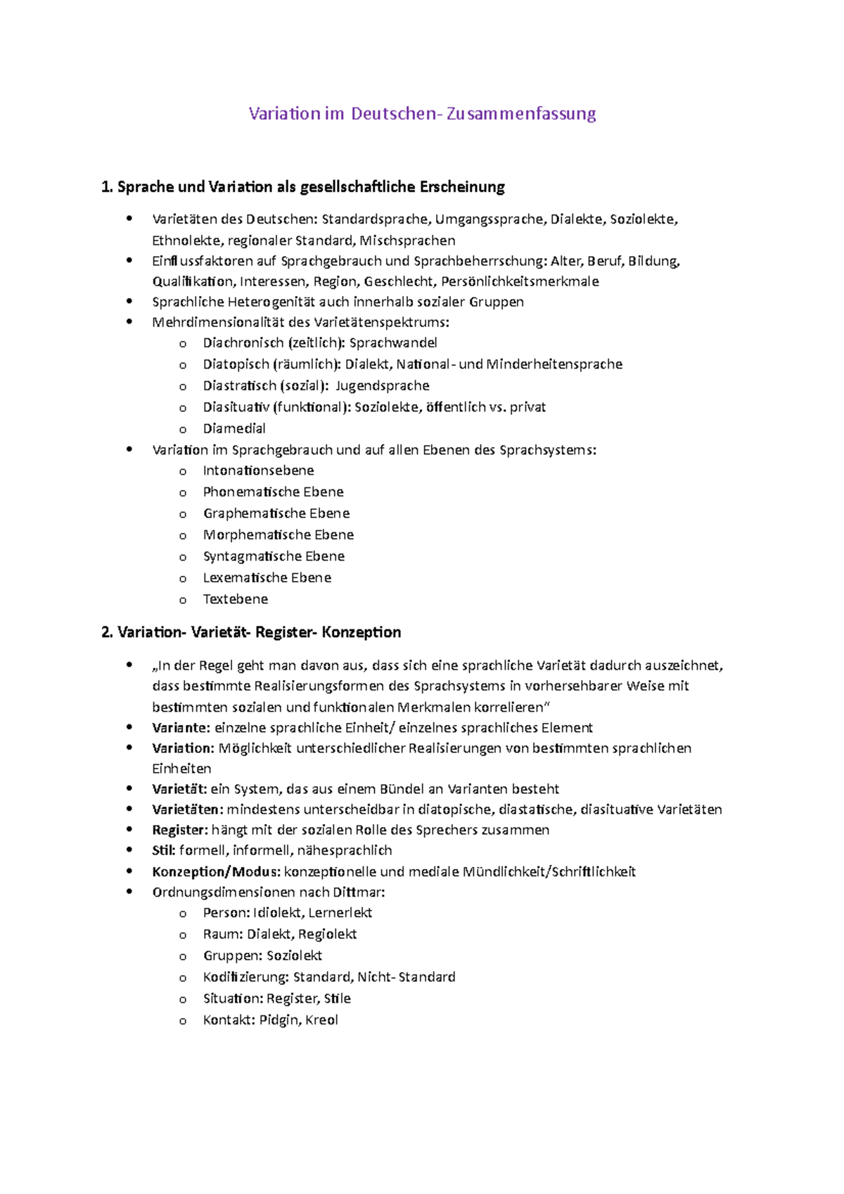 Variation im Deutschen ZUsammenfassung Sprache und Variation als
