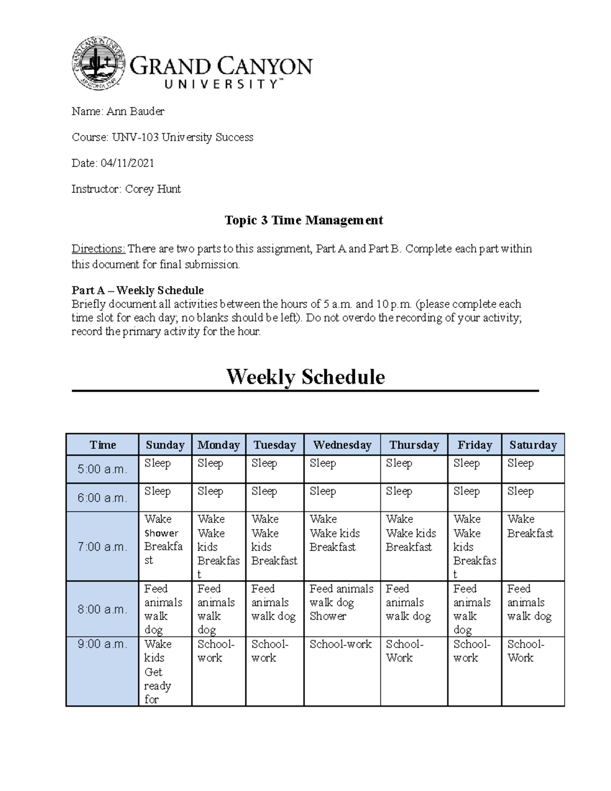 time management assignment for students