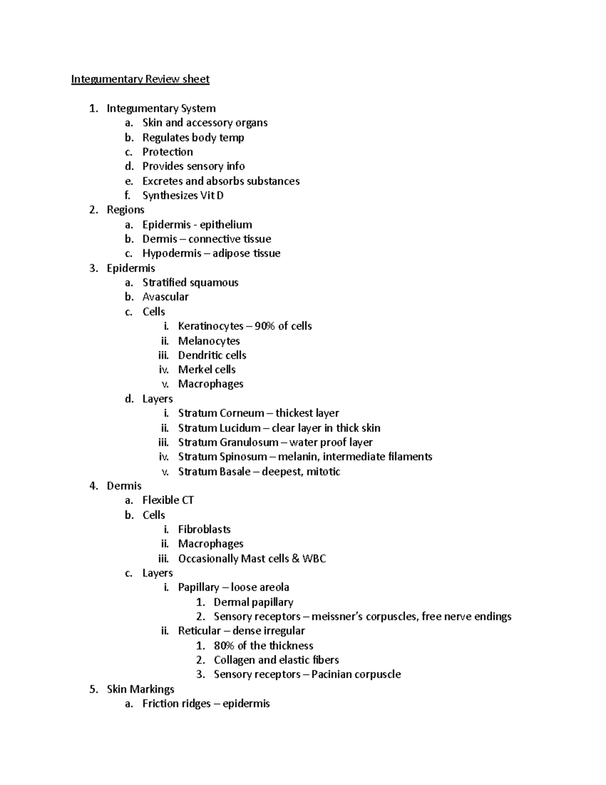 Integumentary Review sheet - Integumentary System a. Skin and accessory ...