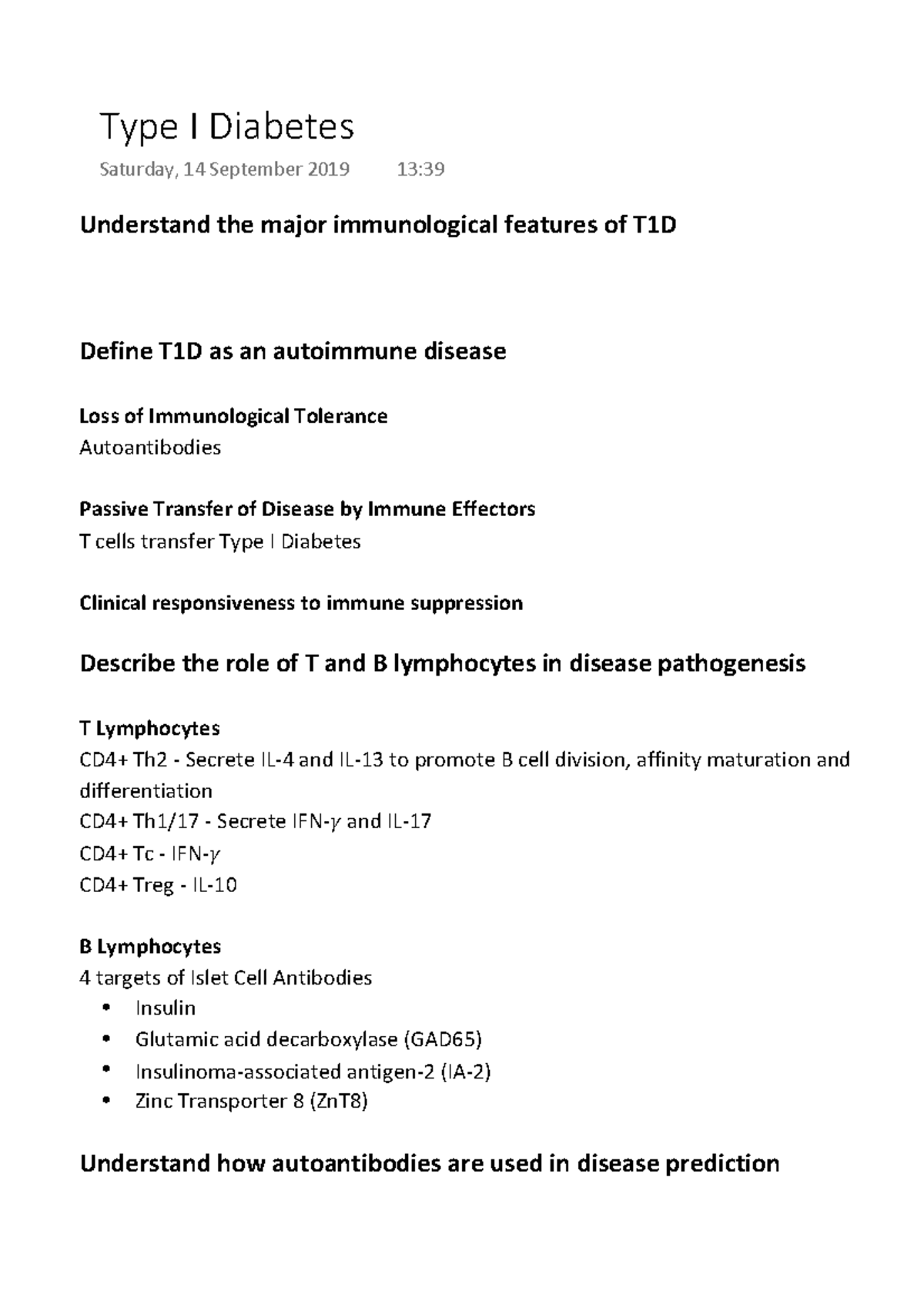 Type I Diabetes - Understand the major immunological features of T1D ...