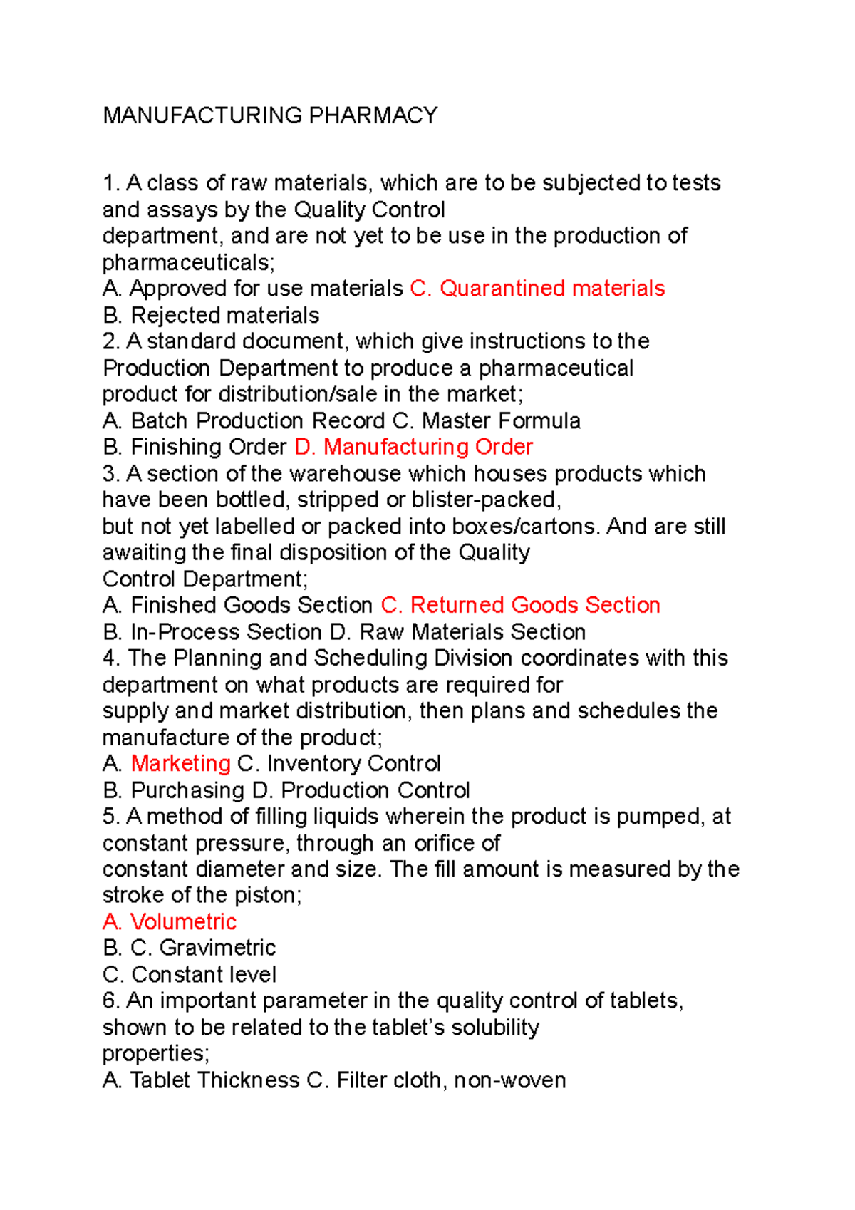 Manufacturing-pharmacy Answer Key Pink Pacop - Notes - MANUFACTURING ...