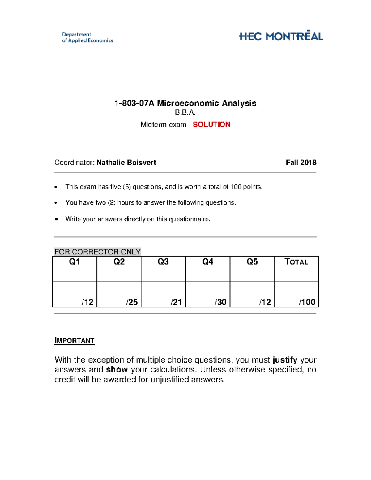 Midterm 1803A F2018 EN V8 Solution - 1-803-07A Microeconomic Analysis B ...