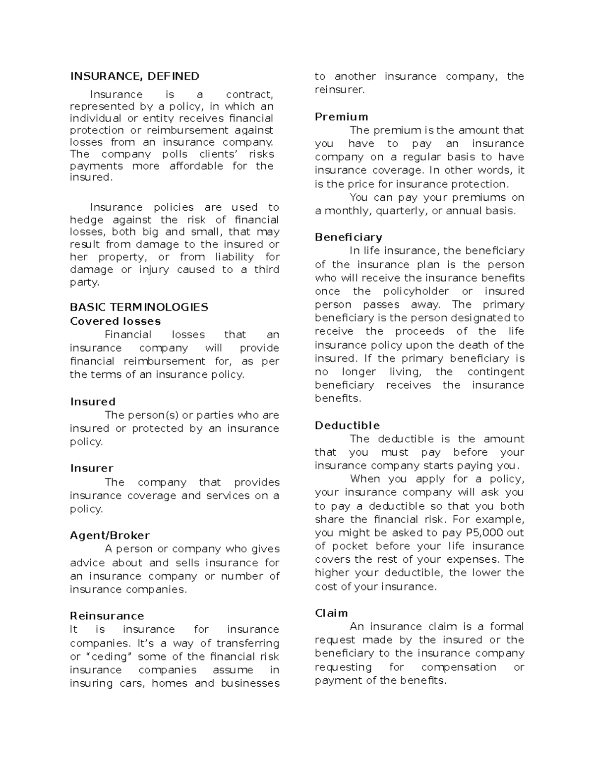 Insurance Notes INSURANCE DEFINED Insurance Is A Contract