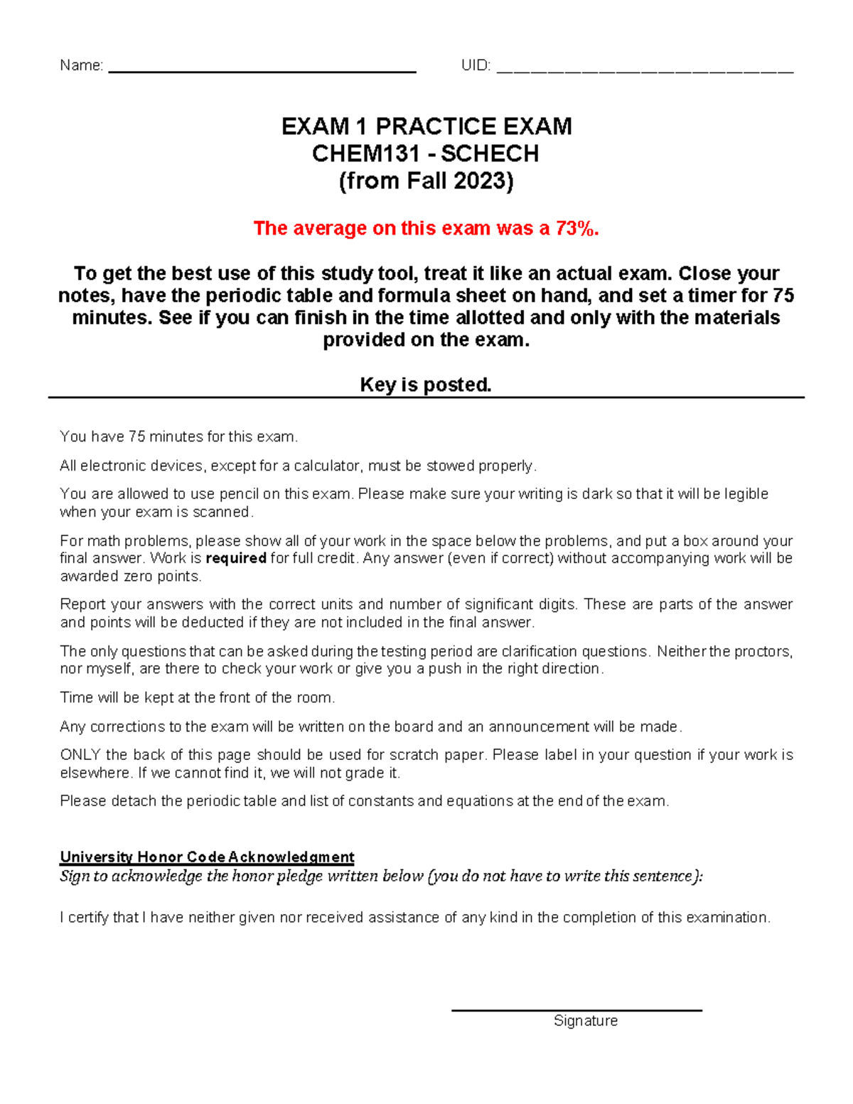 CHEM131 FA23 EXAM+1 - Exam 1 - Name: UID ...