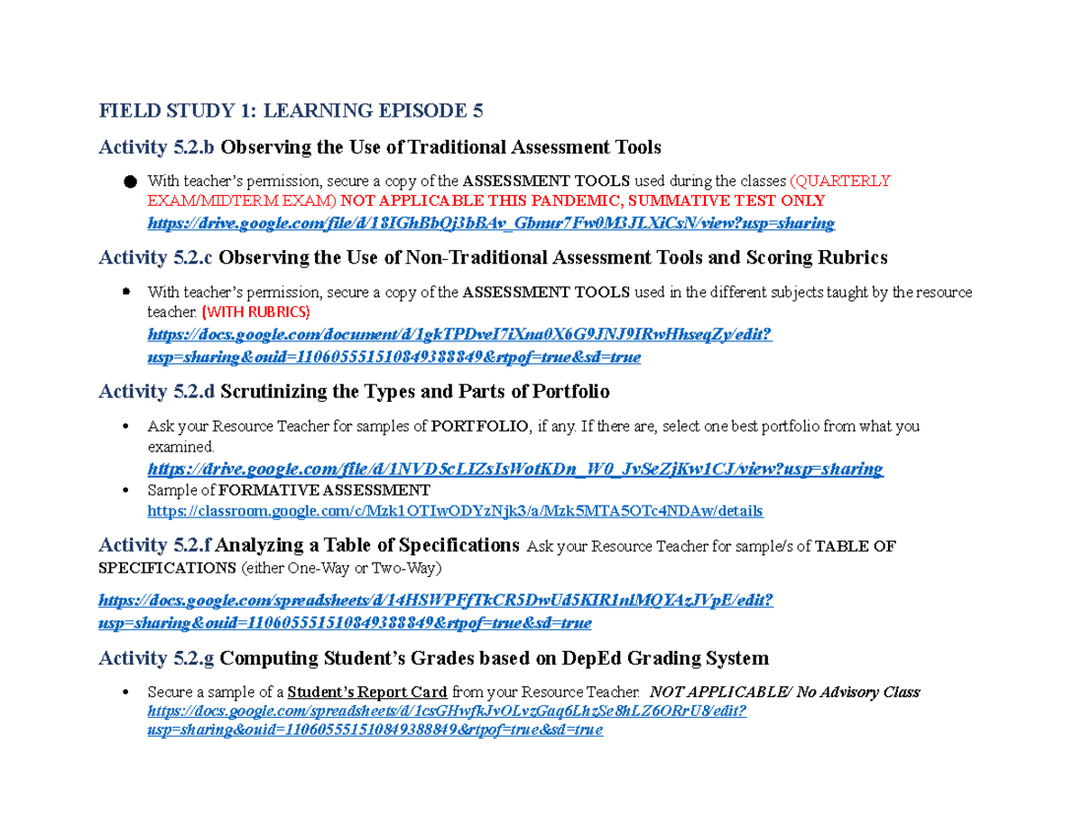 Field Study 12 Requirements - FIELD STUDY 1: LEARNING EPISODE 5 ...