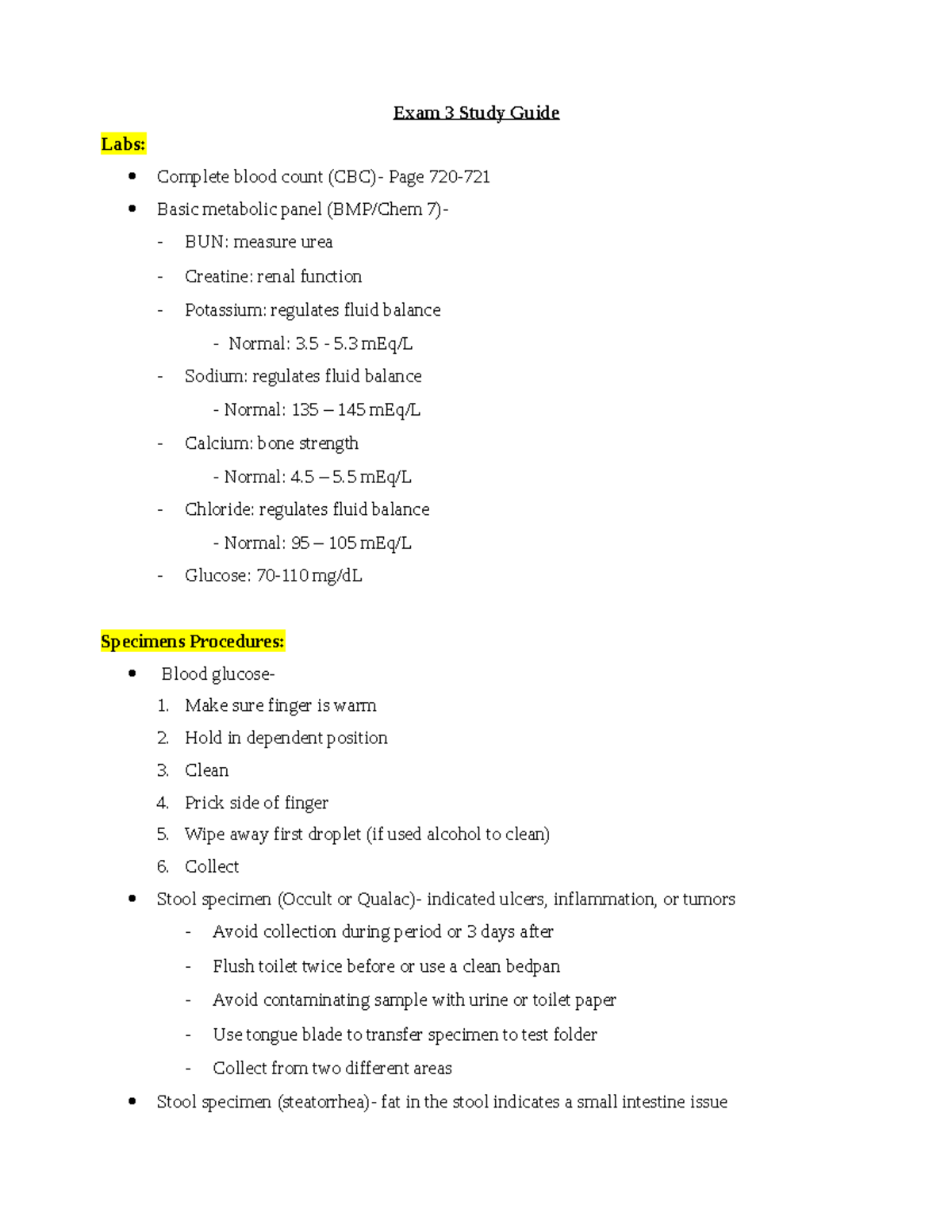 NSG 3100 Exam 3 - Exam - Exam 3 Study Guide Labs: Complete Blood Count ...