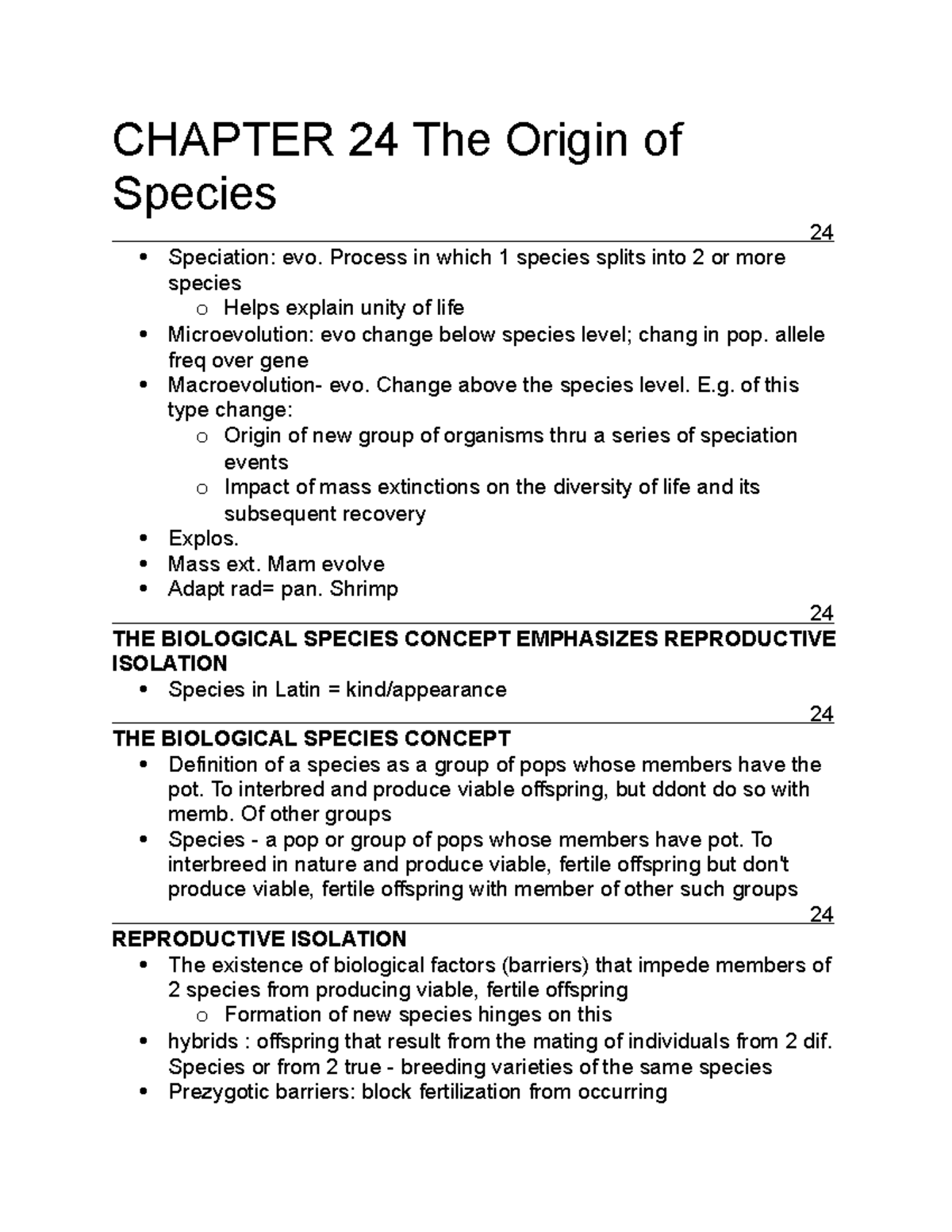 Chapter 24 biology notes - CHAPTER 24 The Origin of Species 24 ...