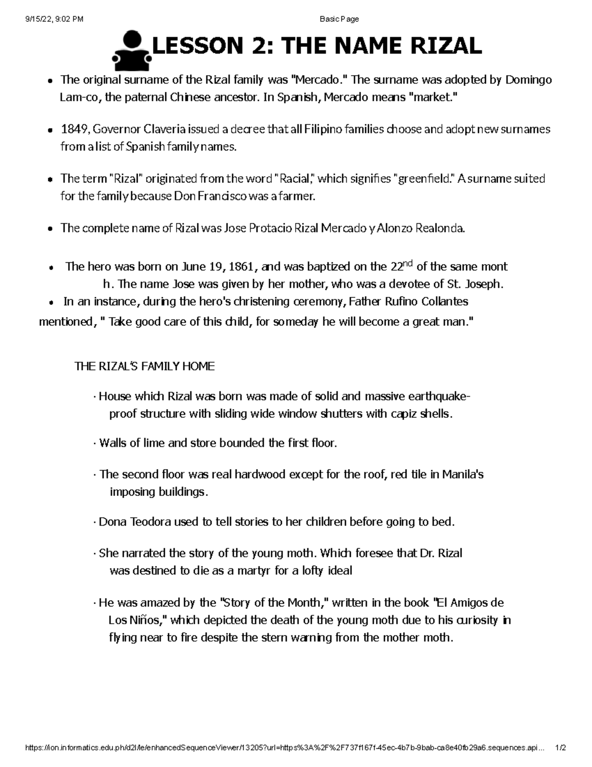 Lesson 2 The Name Rizal 9/15/22, 902 PM Basic Page Studocu