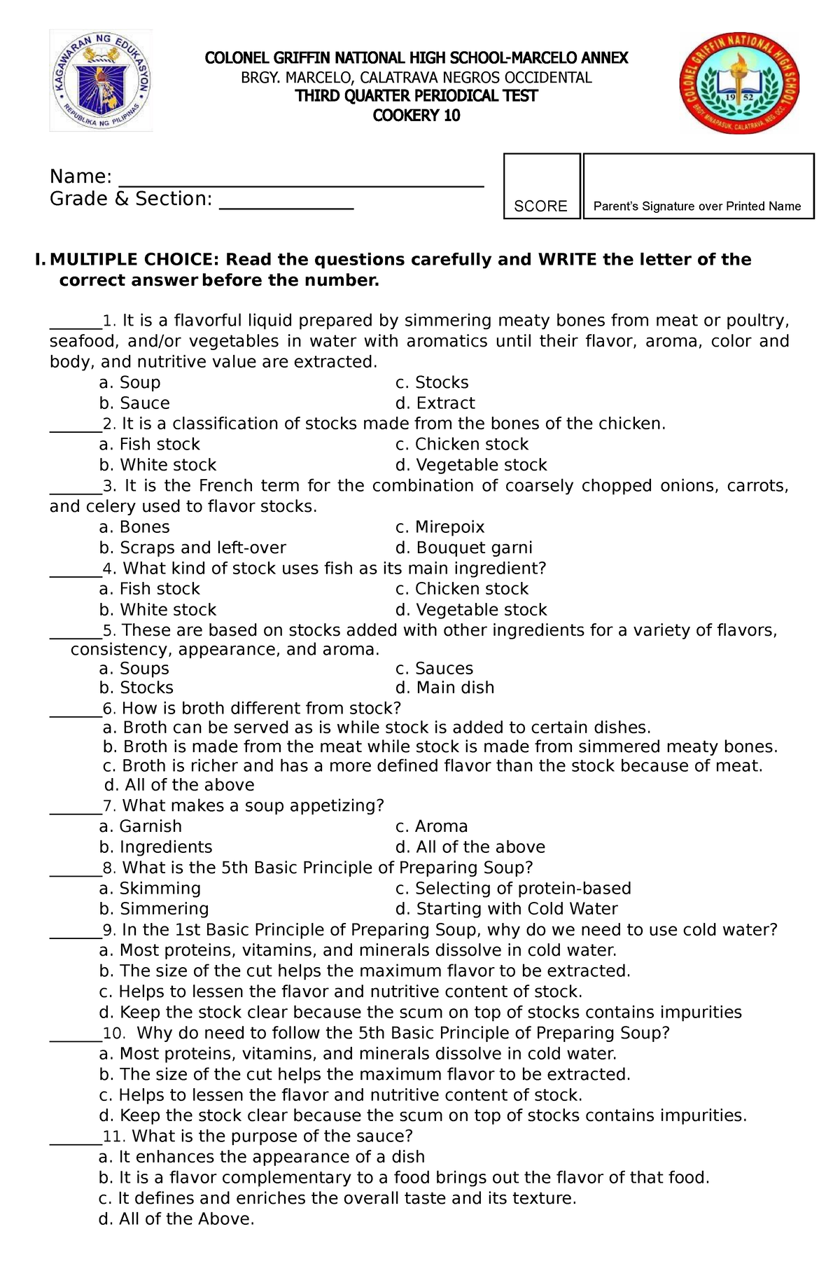 Periodical Test Tle 10 Cookery 3rd Quarter Colonel Griffin National High School Marcelo Annex 9235