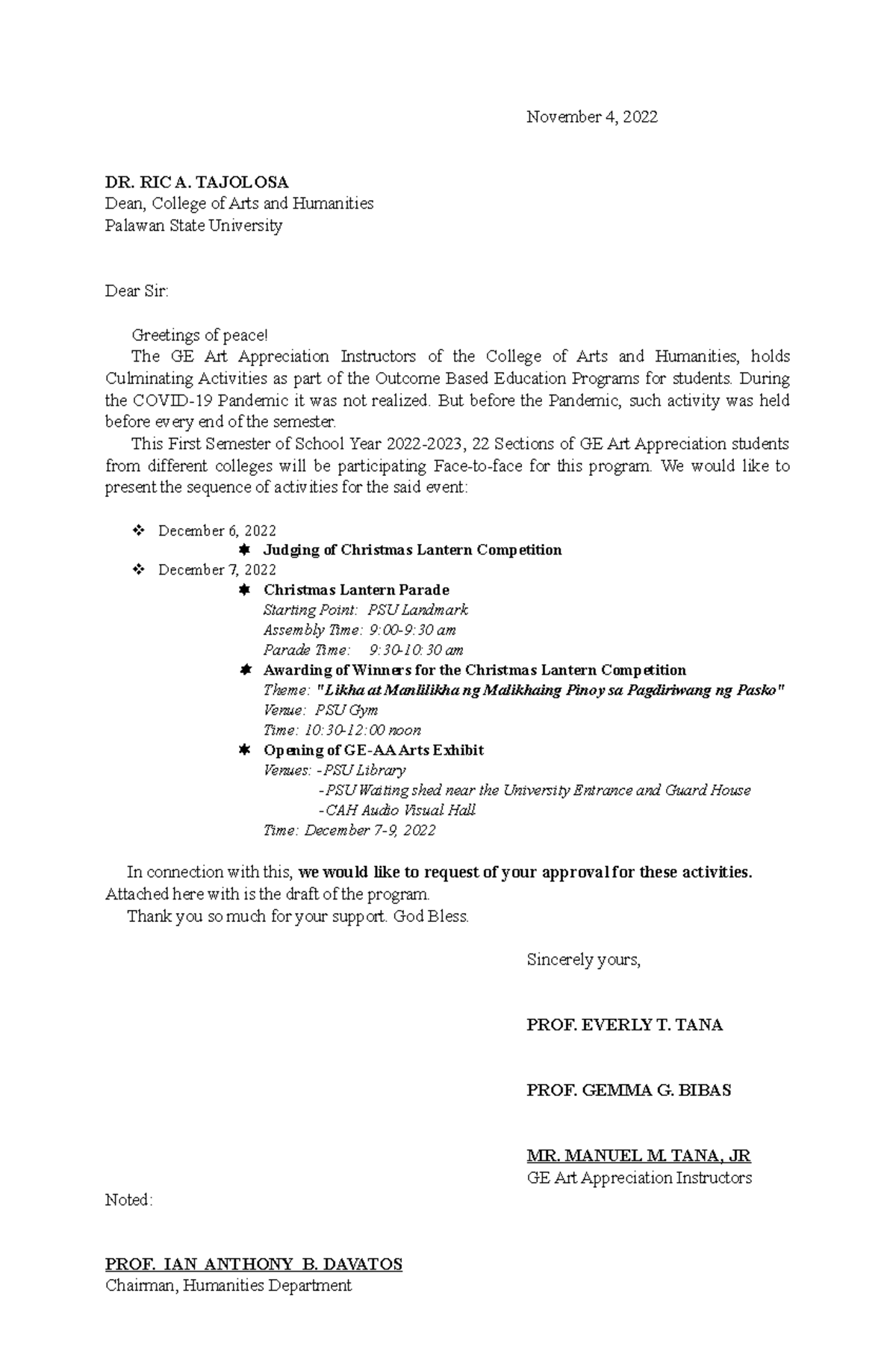 GEAA Program Request Letter - November 4, 2022 DR. RIC A. TAJOLOSA Dean ...