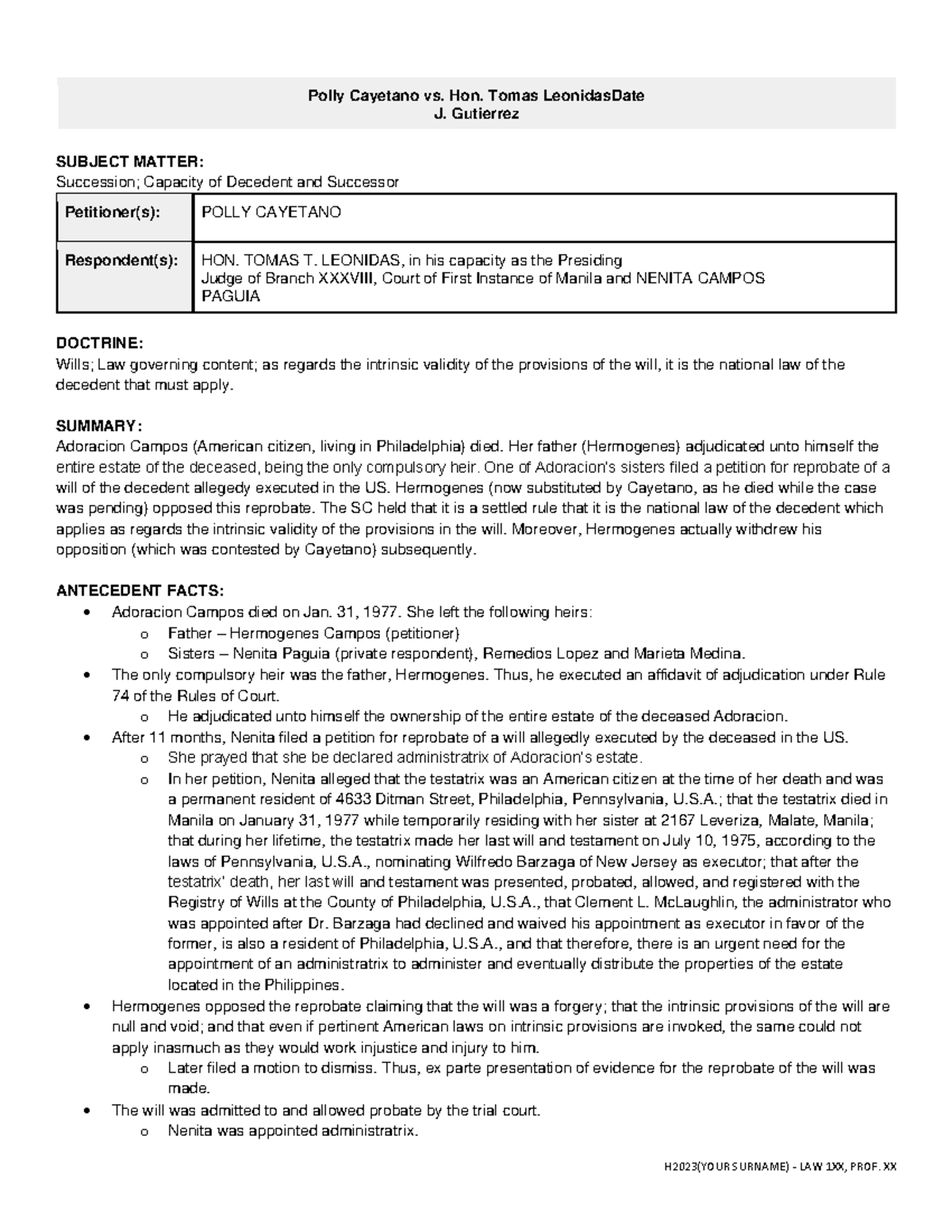 83 Cayetano vs Leonidas - H2023(YOUR SURNAME) - LAW 1XX, PROF. XX Polly ...