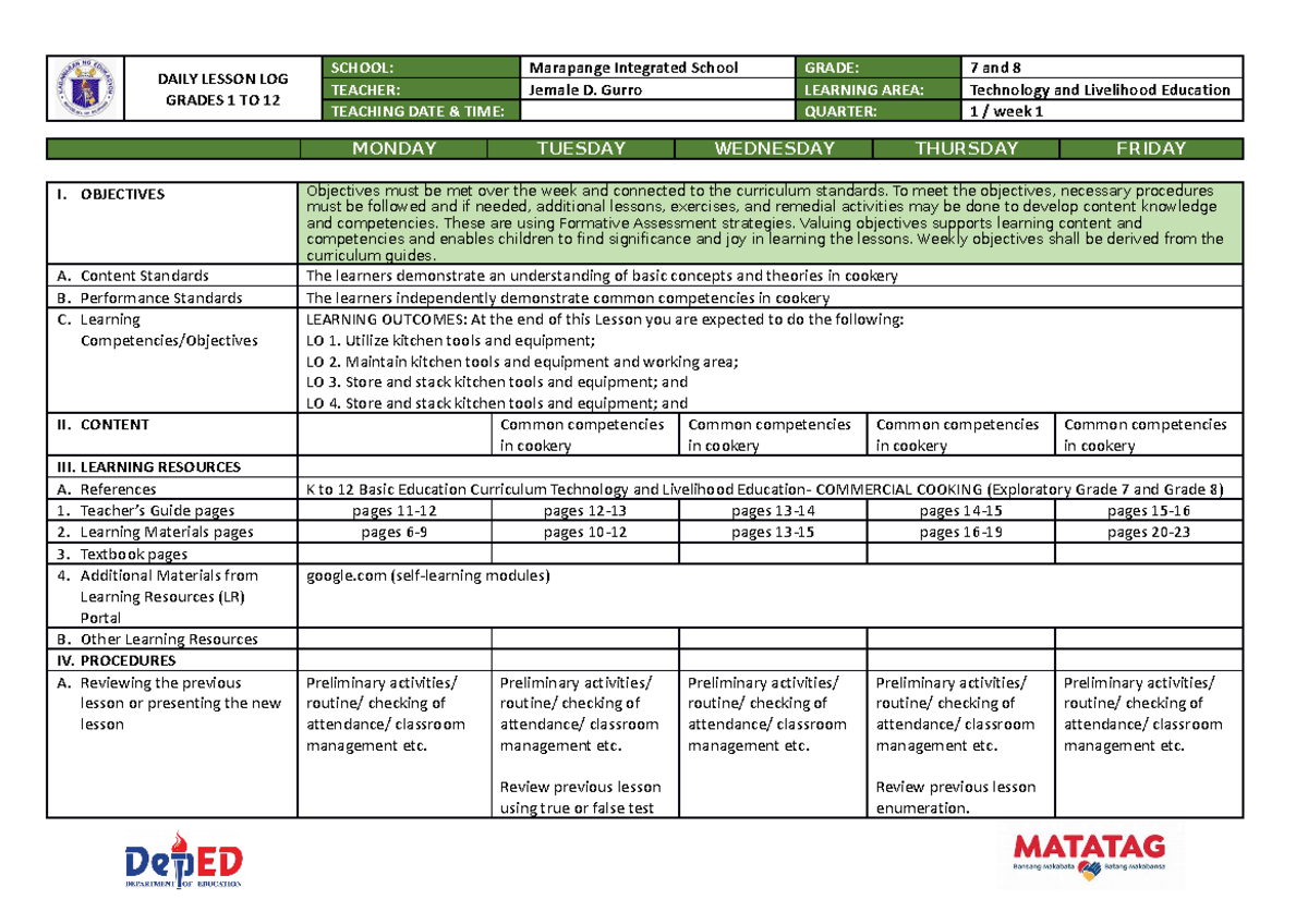 Daily Lesson LOG Week 1, 7-10 - DAILY LESSON LOG GRADES 1 TO 12 SCHOOL ...